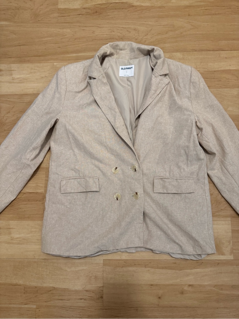 Old Navy Linen Beige Double-Breasted Blazer Jacket with Tortoise Buttons Large